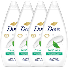Dove Fresh Care body wash bottle pouring with soothing moisture for daily showers.