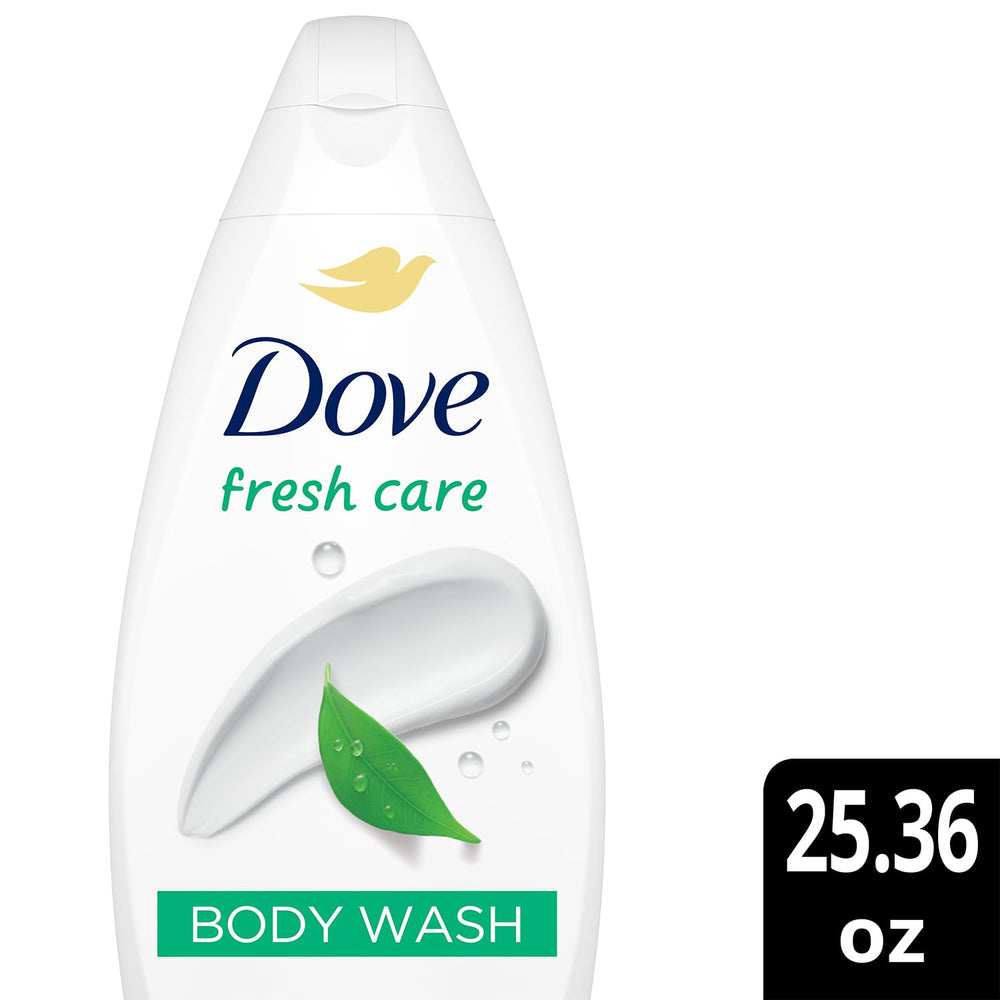 Dove Fresh Care body wash lather close-up showing rich foam and moisturized skin.