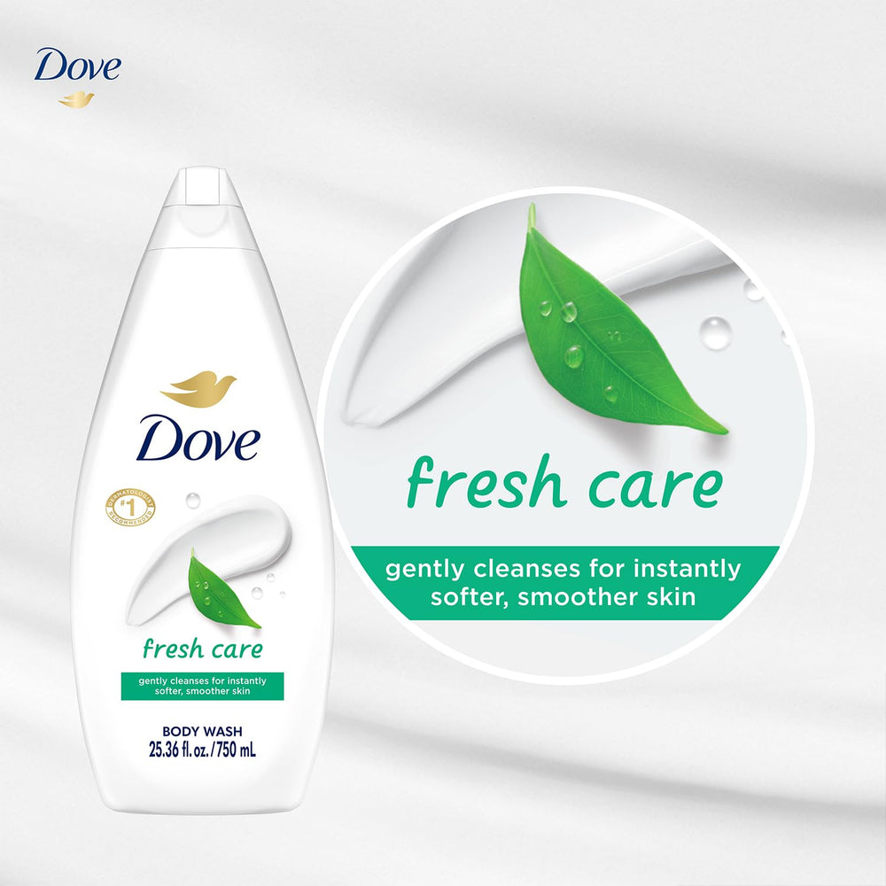 Dove Fresh Care shower scene showing soft, moisturized skin after cleansing.
