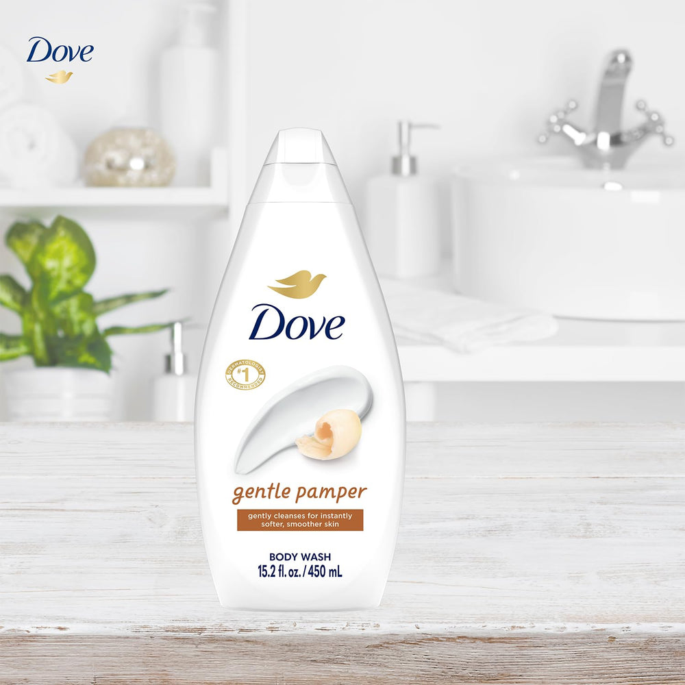 Dove Gentle Pamper body wash label highlights moisturizing formula.