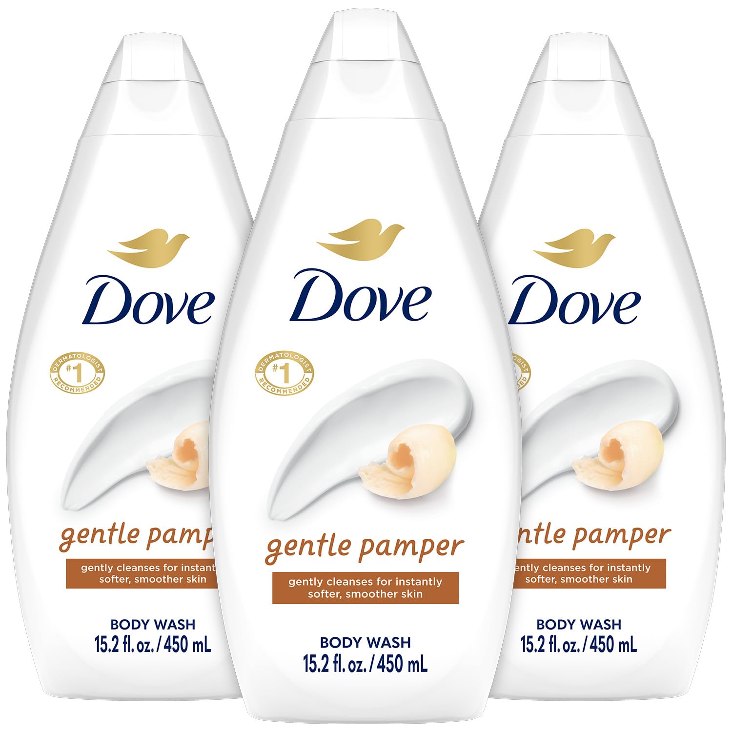 Dove Gentle Pamper body wash bottle with vanilla scent delivering soothing moisture.