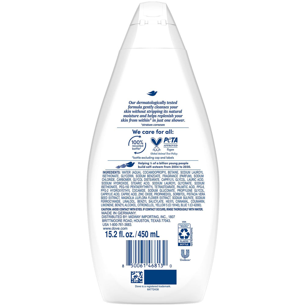 Dove Gentle Pamper bottle pour demonstrates quick rinse and sulfate-free formula.