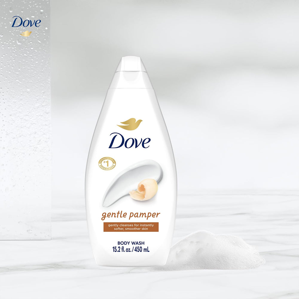 Dove Gentle Pamper bottle pour shows rich lather for daily cleanse.