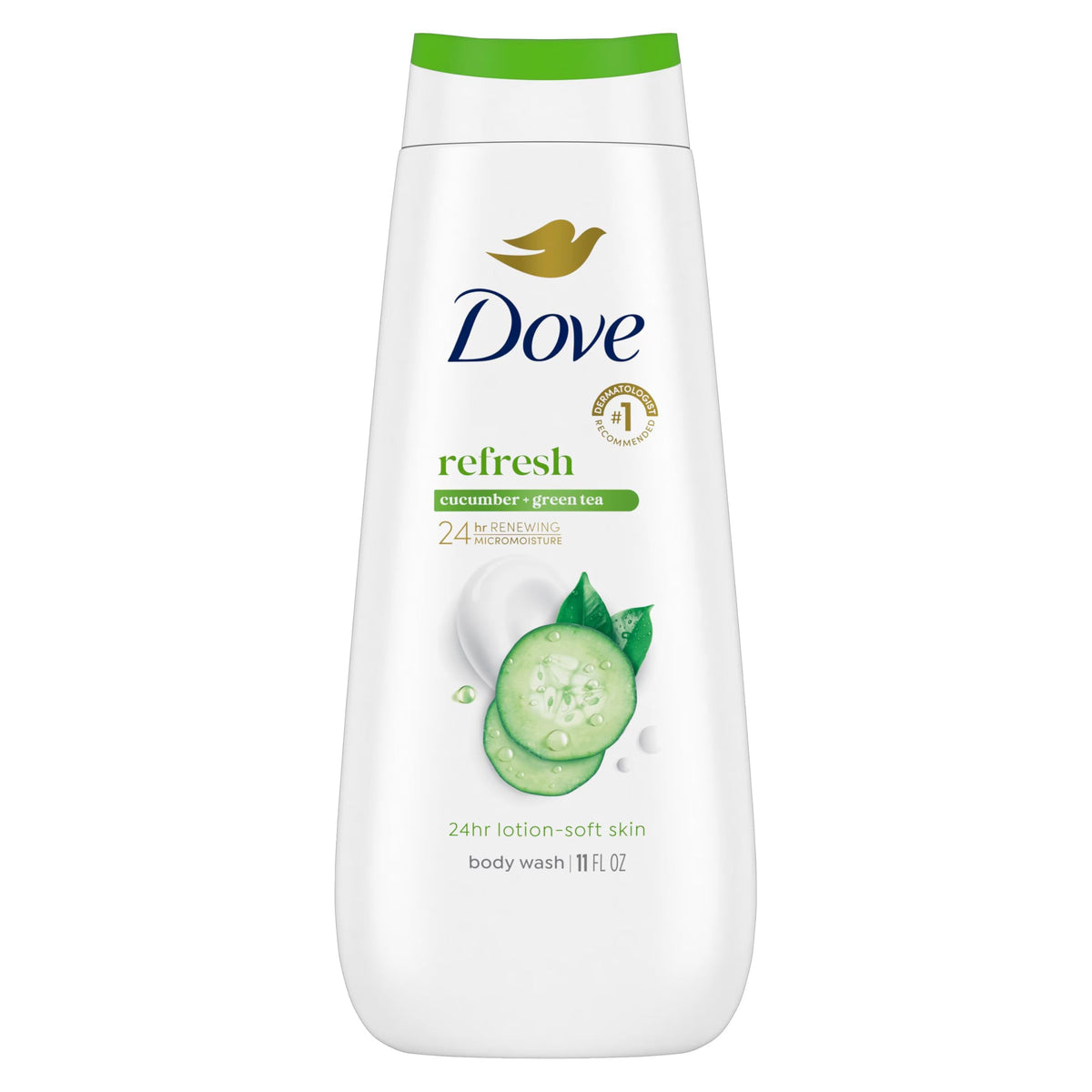 Dove Go Fresh Cucumber Green Tea bottle for refreshing, hydrating skin during showers.