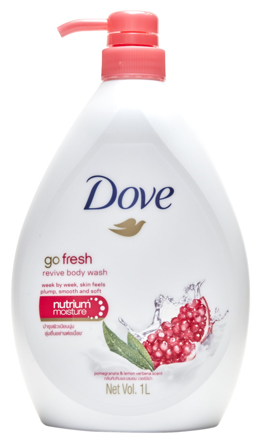 Dove Go Fresh Revive bottle pour shows refreshing lather for daily cleansing benefits.