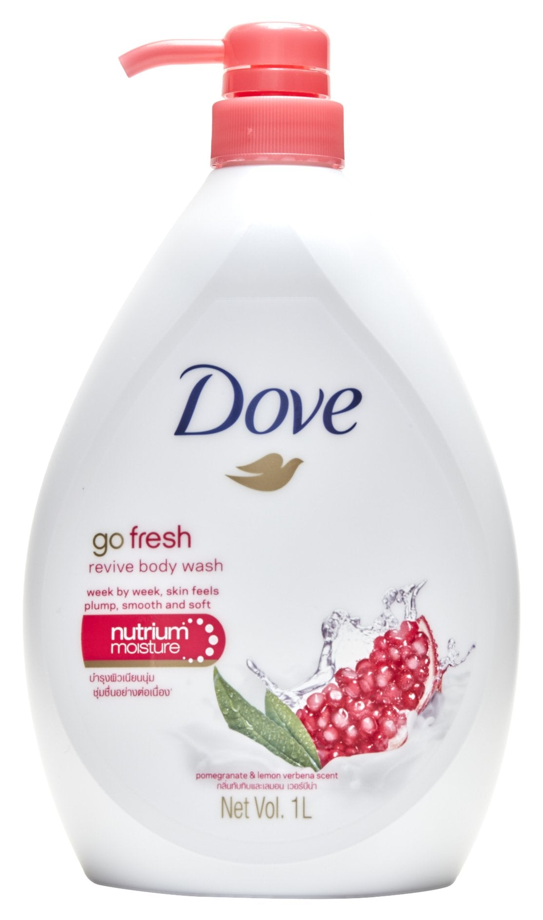 Dove Go Fresh Revive bottle pour shows refreshing lather for daily cleansing benefits.