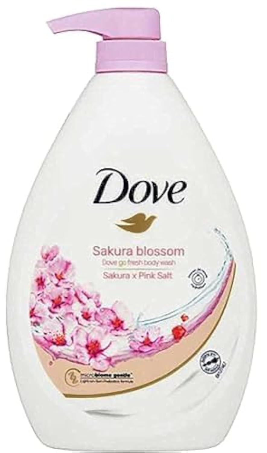 Dove Go Fresh Sakura Blossom bottle pump highlighting pink salt for refreshing daily hydration.