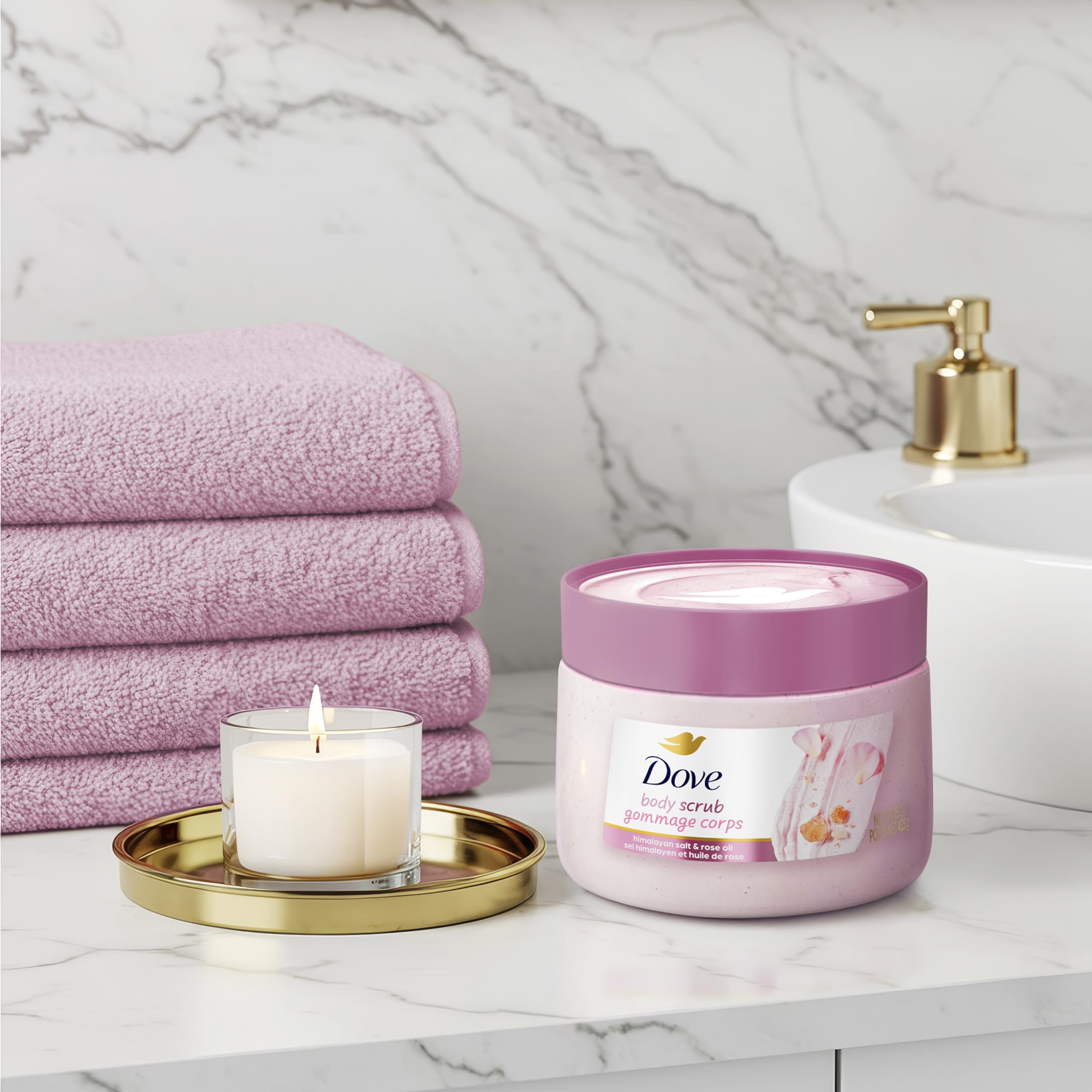 Dove Himalayan Salt & Rose Oil Scrub routine in bathroom for daily pampering