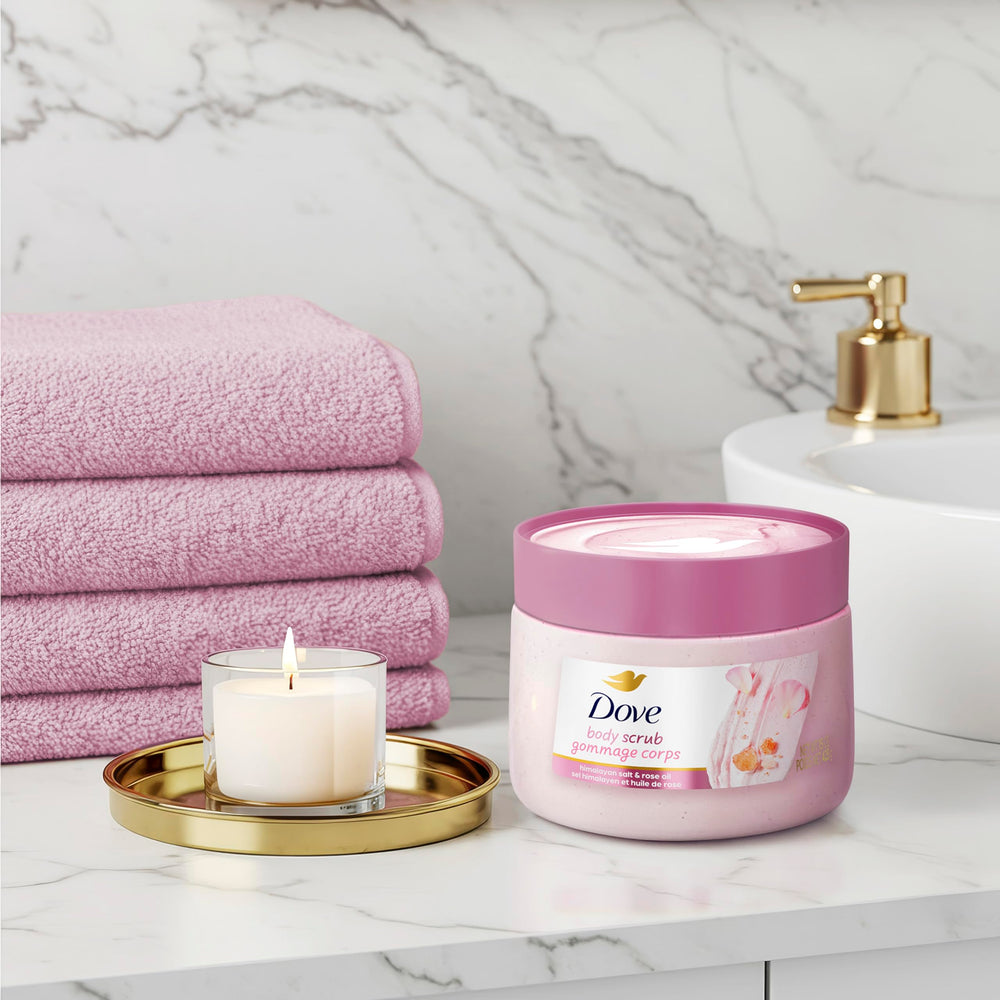 Dove Himalayan Salt & Rose Oil Scrub routine in bathroom for daily pampering