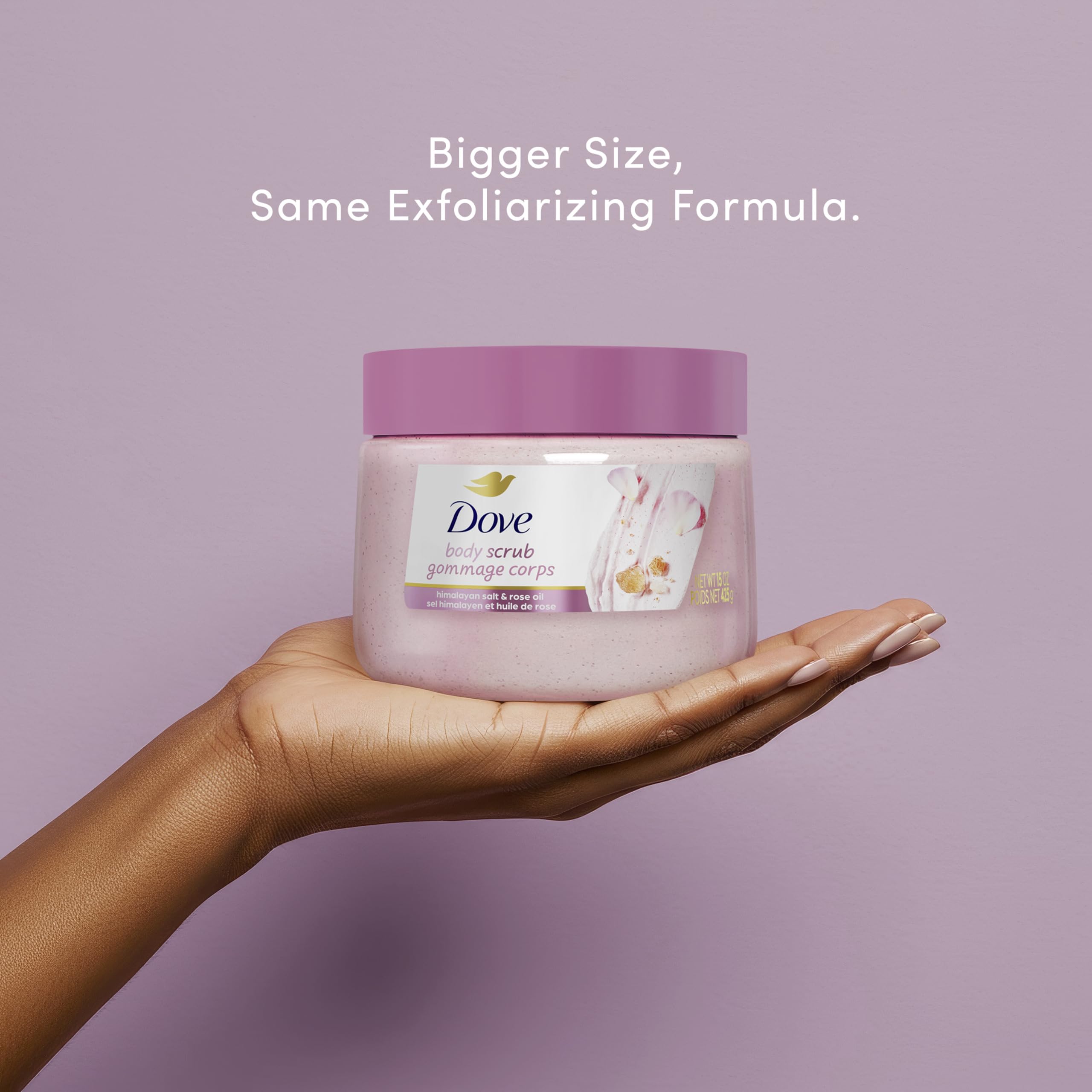 Dove Himalayan Salt & Rose Oil Scrub creamy lather highlighting sulfate-free cleansing for soft skin