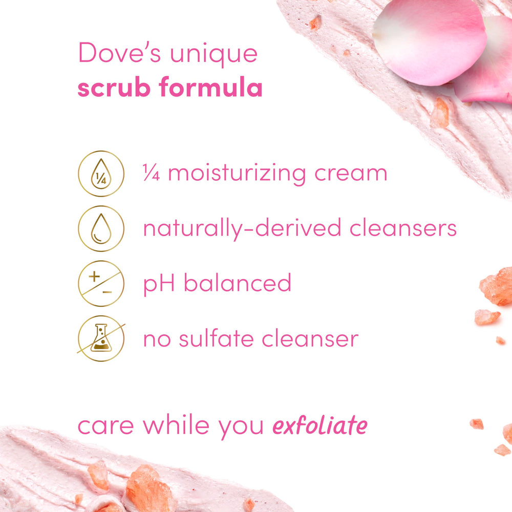 Dove Himalayan Salt & Rose Oil Scrub rose oil beads offering soothing exfoliation moment