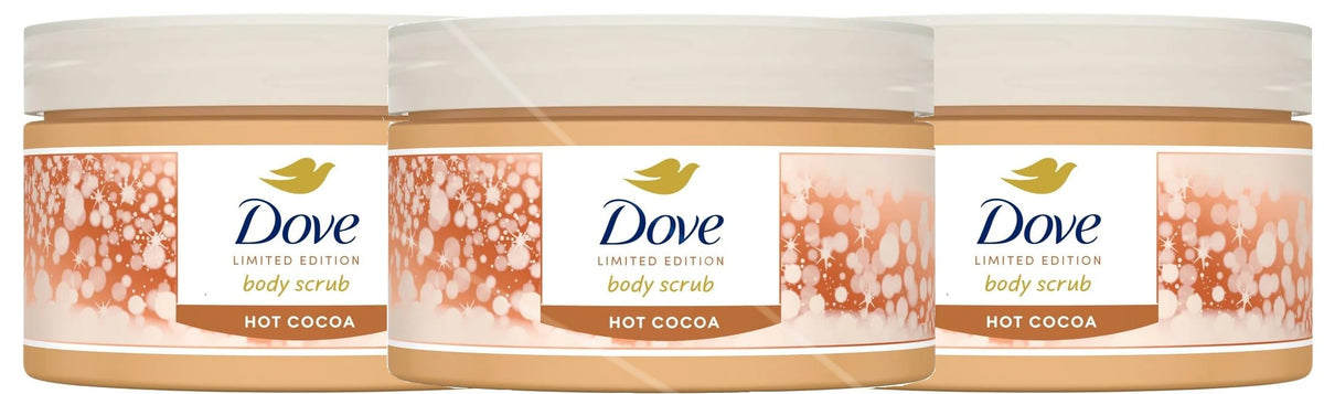 Dove Hot Cocoa Body Scrub bottles in a 3-pack for easy exfoliation routine.