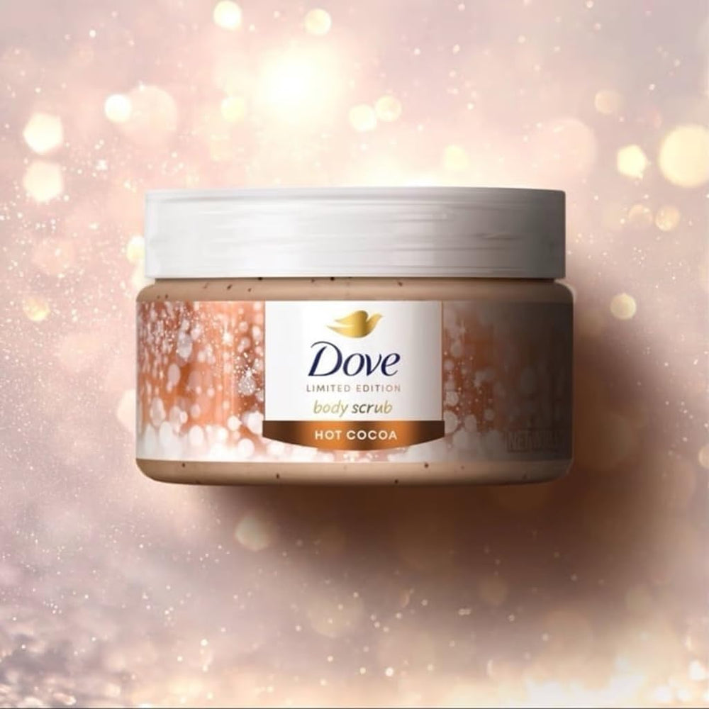 Dove Hot Cocoa Body Scrub application demonstrates massaging to reveal smoother skin.
