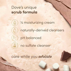 Dove Hot Cocoa Body Scrub ingredients map highlights cocoa notes for pampering ritual.