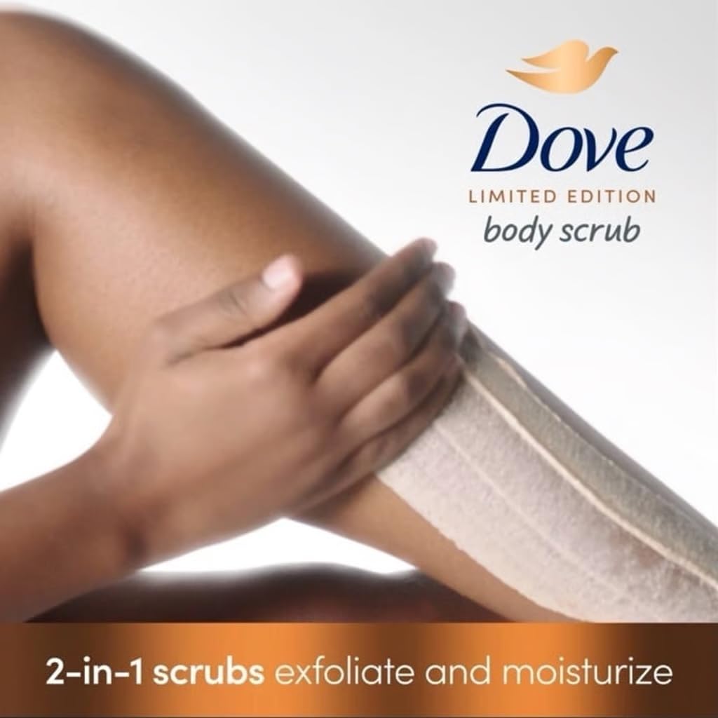 Dove Hot Cocoa Body Scrub rinse-off image suggests hydrated, radiant post-shower skin.