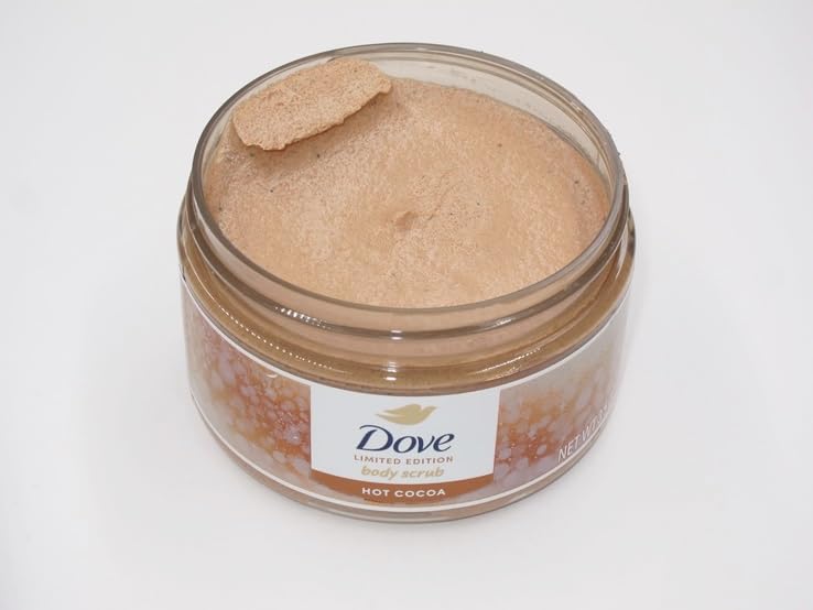 Dove Hot Cocoa Body Scrub close-up shows exfoliating texture for gentle polish.