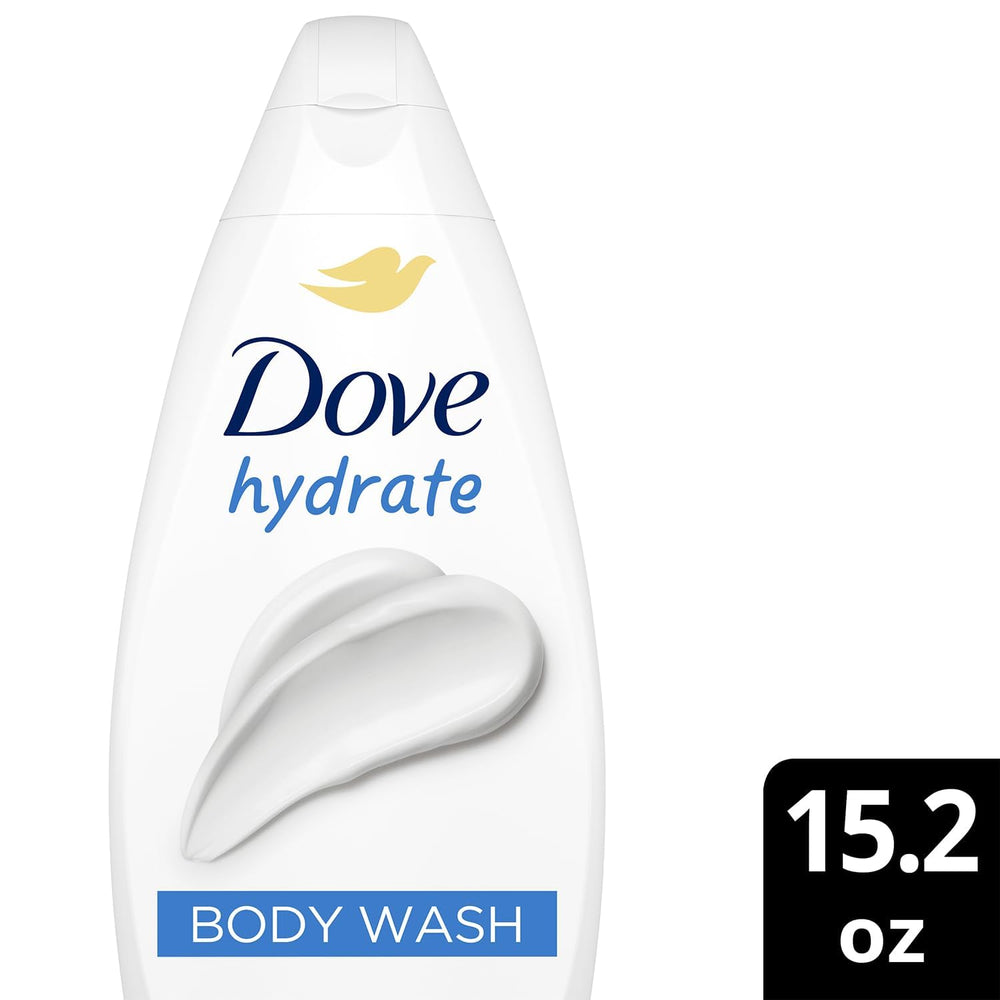 Dove Hydrate bottle being poured demonstrates gentle cleansing and soothing lather.
