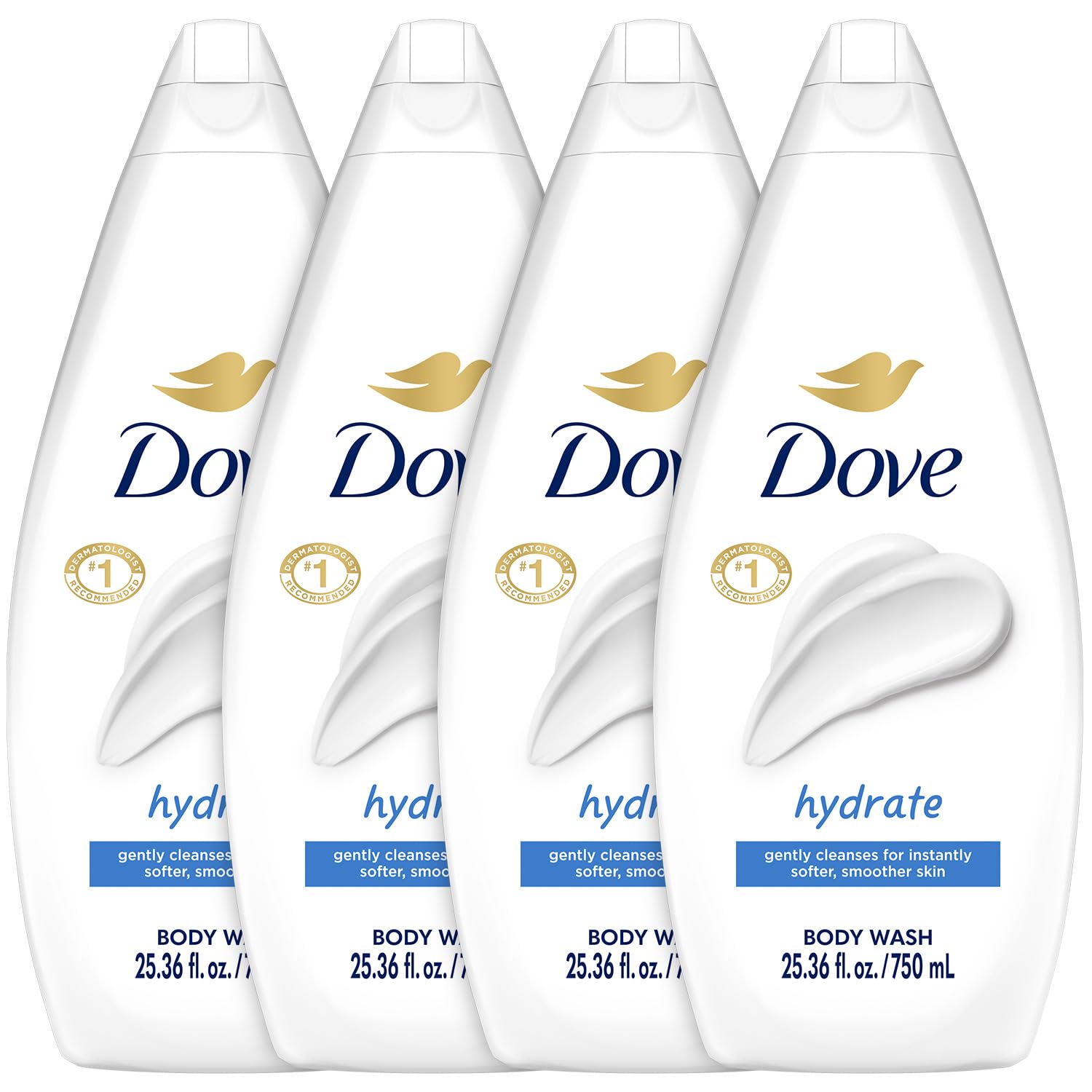 Dove Hydrate Body Wash bottle shows rich, moisturizing lather for soft skin.