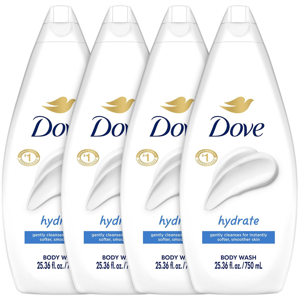 Dove Hydrate Body Wash bottle shows rich, moisturizing lather for soft skin.