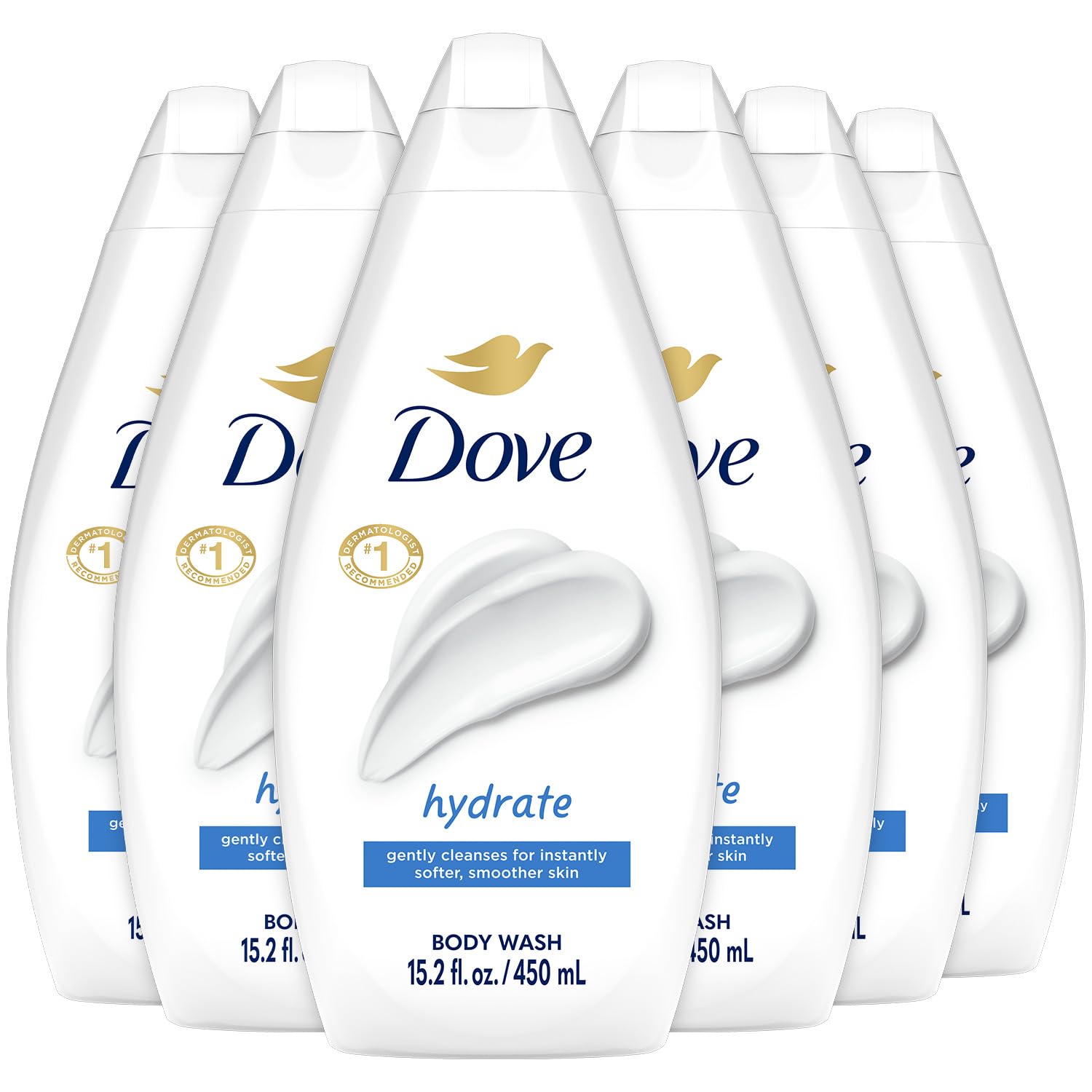 Dove Hydrate body wash bottle shows moisturizing formula for soft skin.