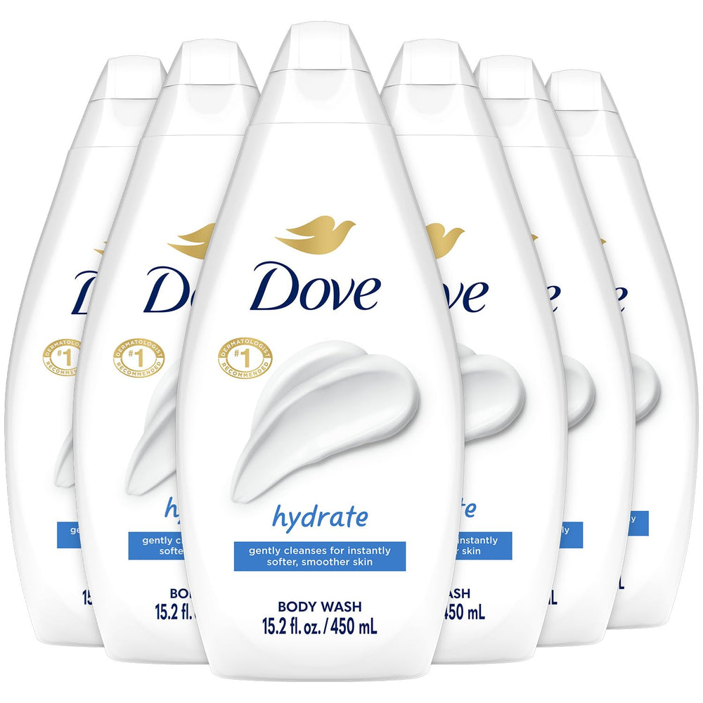 Dove Hydrate body wash bottle shows moisturizing formula for soft skin.