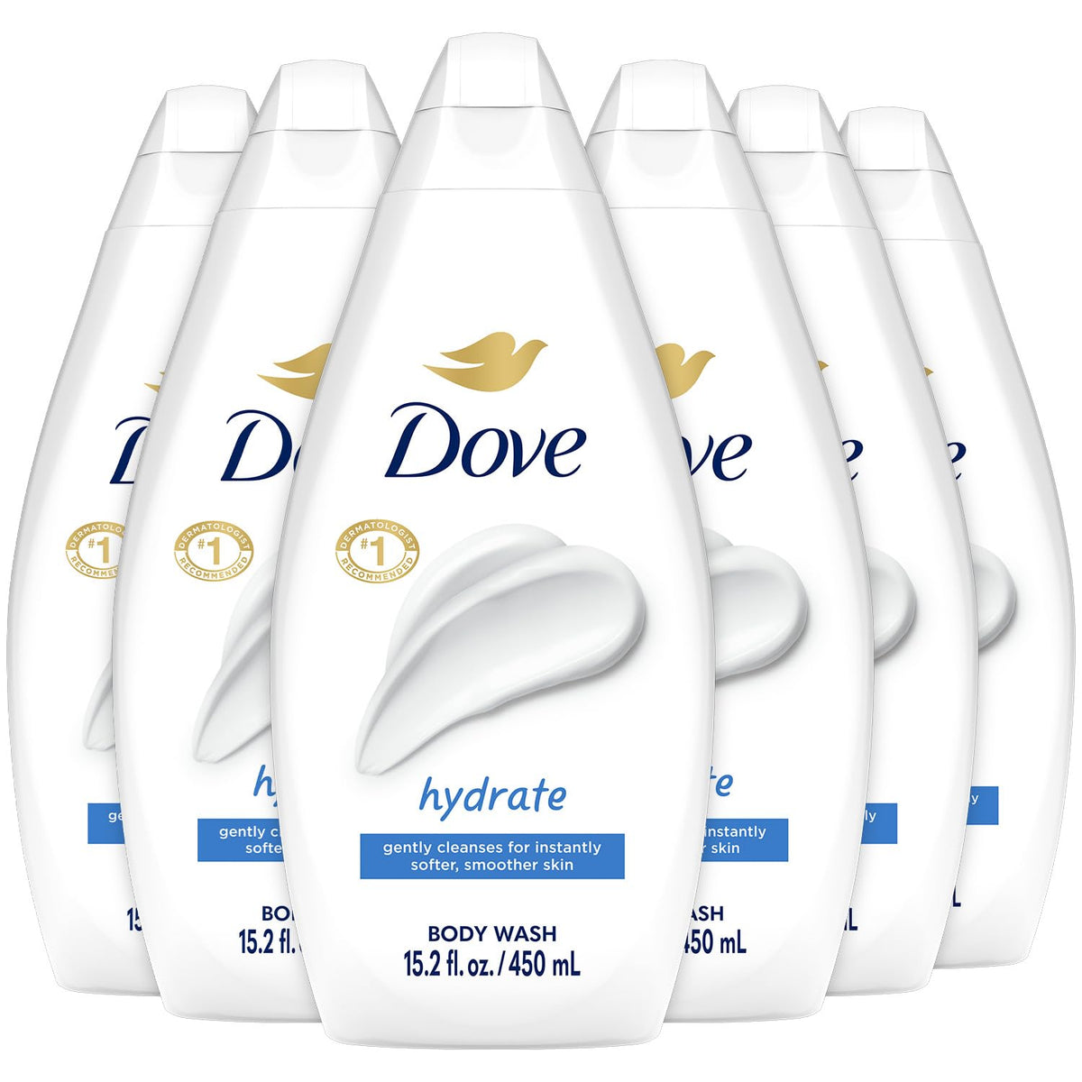 Dove Hydrate body wash bottle shows moisturizing formula for soft skin.