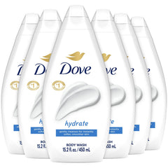 Dove Hydrate body wash bottle shows moisturizing formula for soft skin.