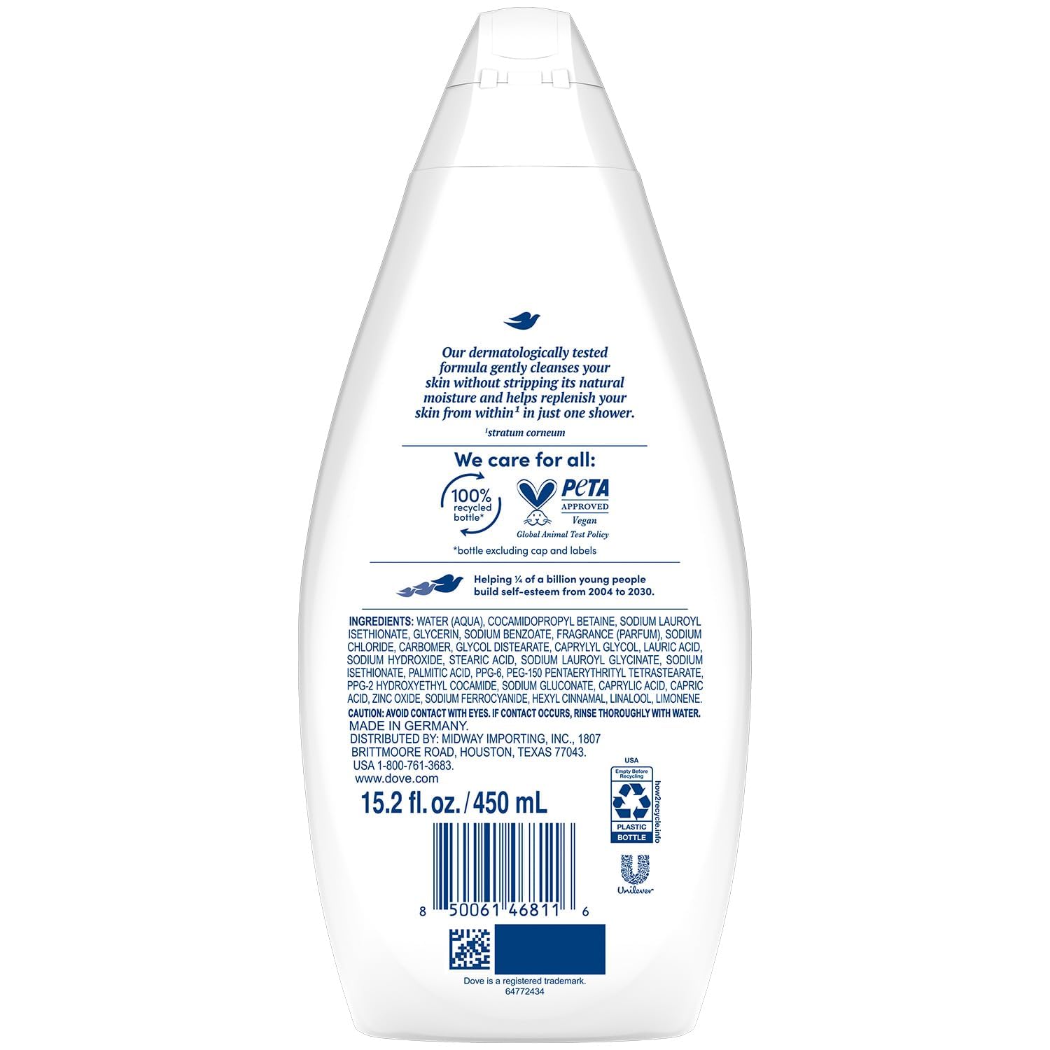Dove Hydrate label detail highlights sulfate-free formula and skin-friendly ingredients.