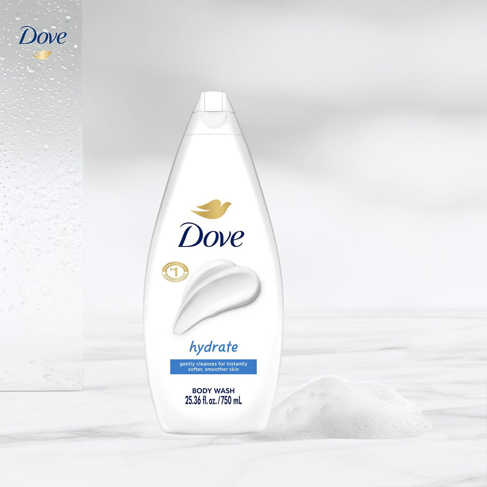 Dove Hydrate Body Wash lather display features creamy foam nourishing dry skin.