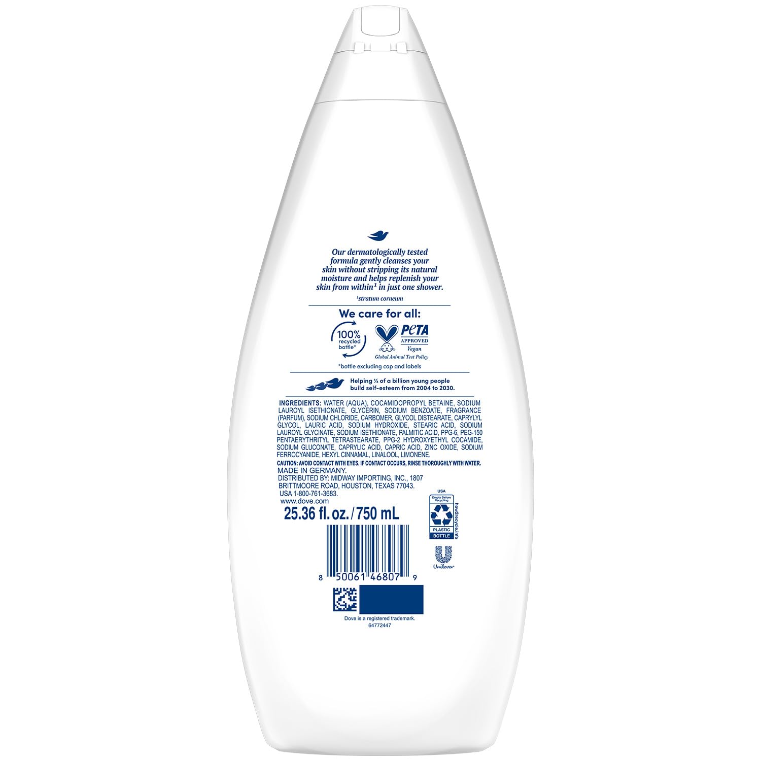 Dove Hydrate Body Wash packaging highlights value-size four-pack for families.
