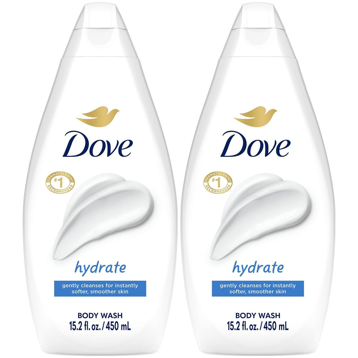 Dove Hydrate bottle-pour demonstrates a daily hydrating cleanse.
