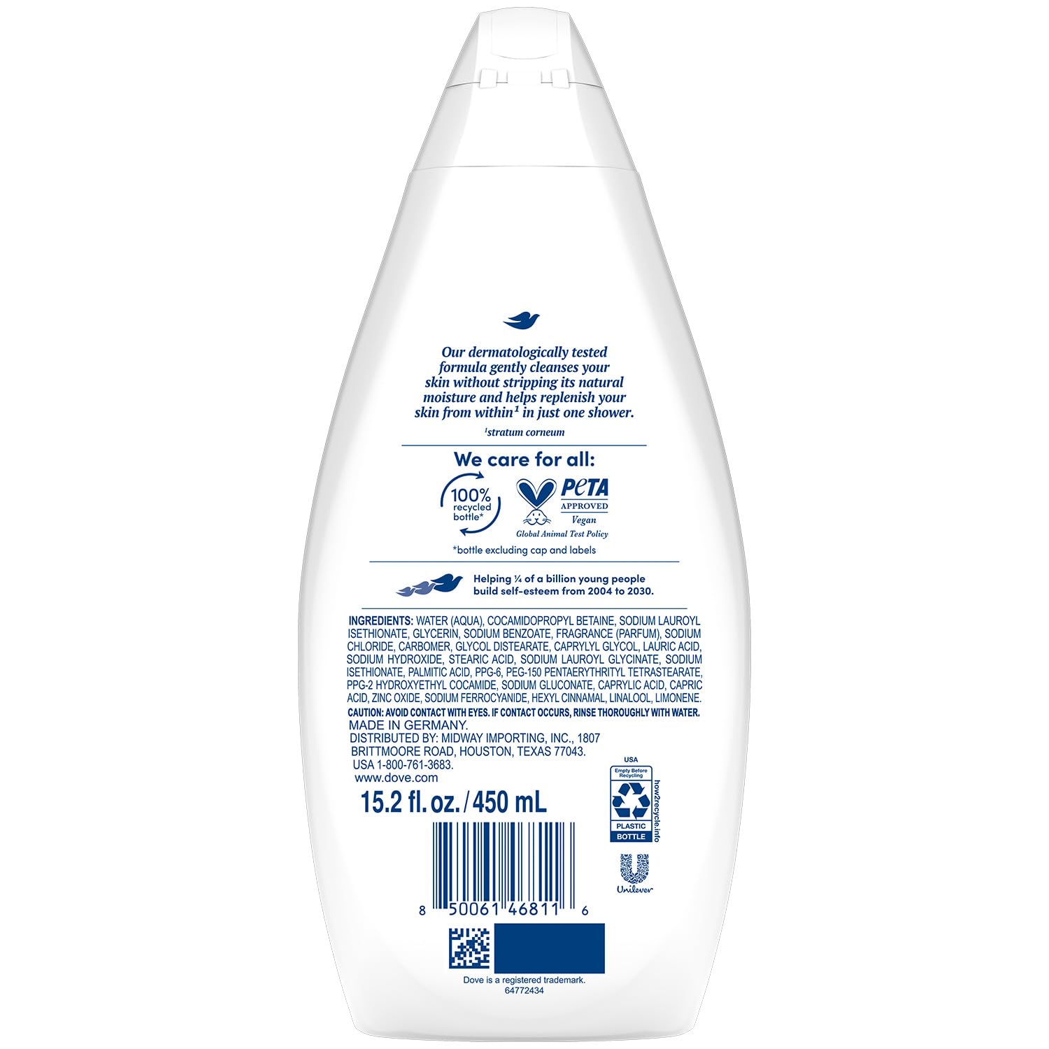 Dove Hydrate cruelty-free badge emphasizes PETA-approved skincare.