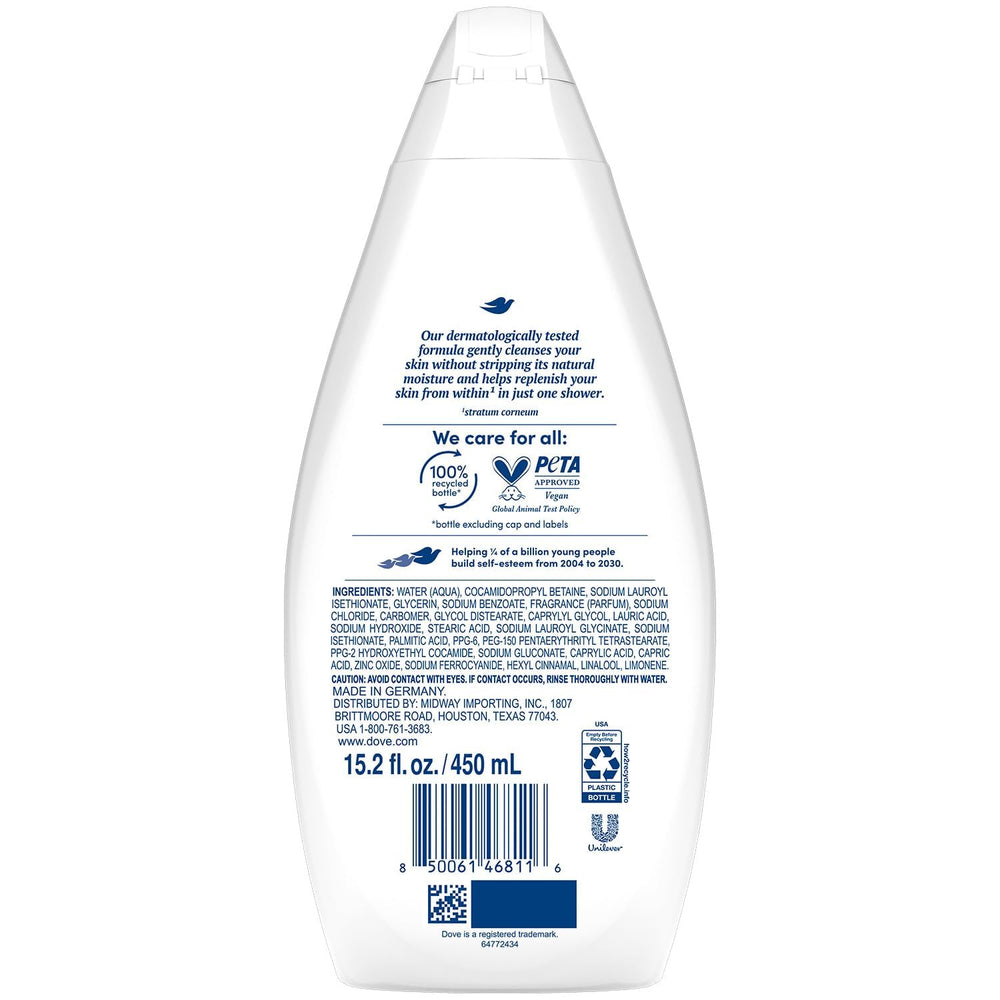 Dove Hydrate shower-routine close-up evokes a refreshing cleansing moment.