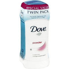 Dove Invisible Solid Powder Deodorant twin-pack label shows long-lasting odor protection.