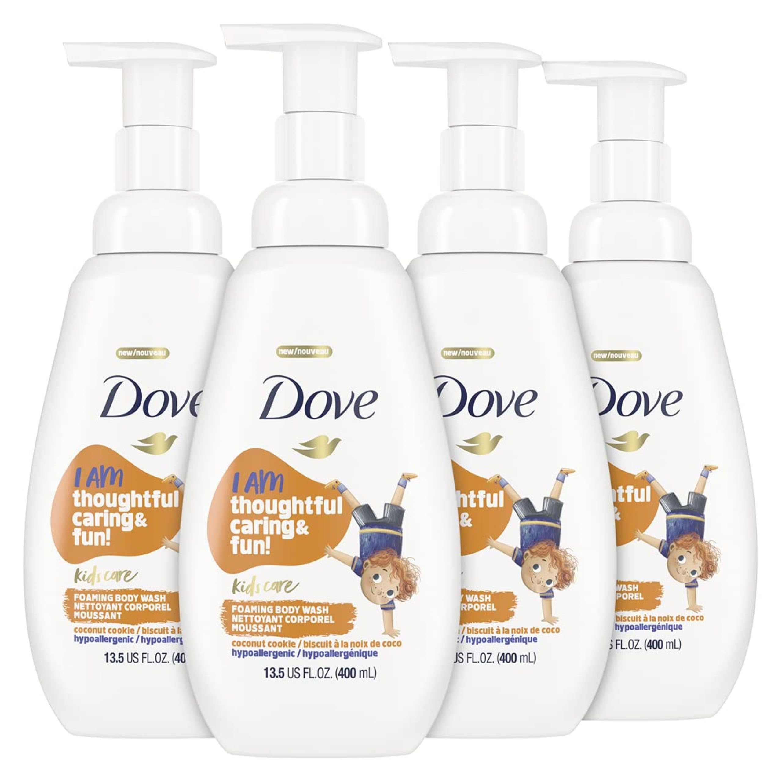 Dove Kids Care Foaming Body Wash Coconut Cookie bottle provides gentle cleansing for kids.