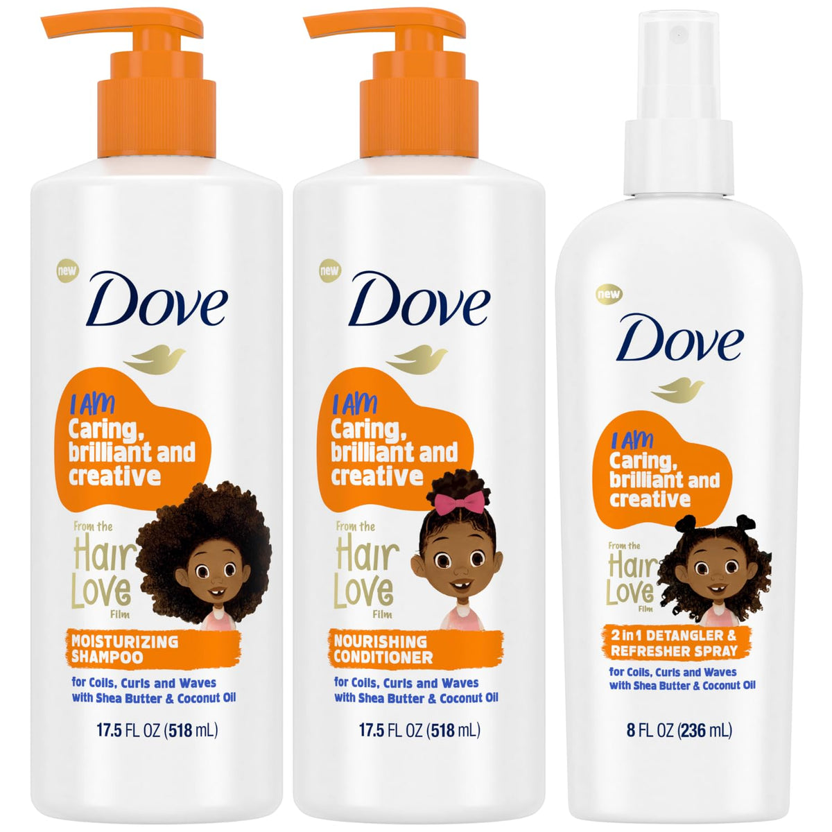 Dove Kids Hair Love shampoo bottle highlights nourishing formula for soft curls