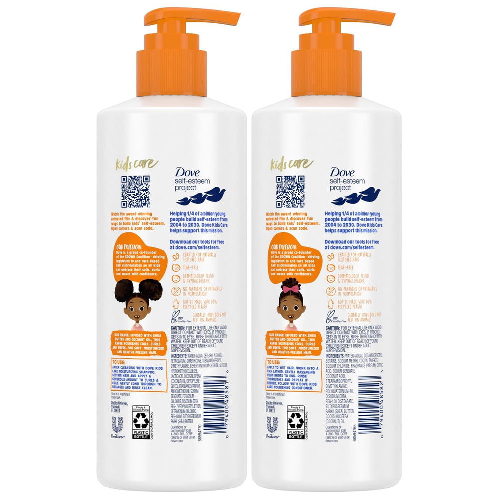 Dove Love Collection curly kids conditioner bottle shows hydration for bouncy waves and detangling.