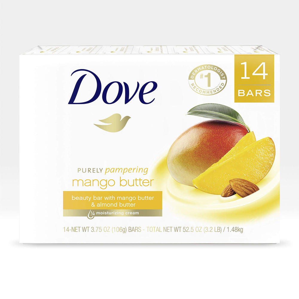 Dove Mango Butter Beauty Bar pack shown as a moisturizing daily treat for dry skin