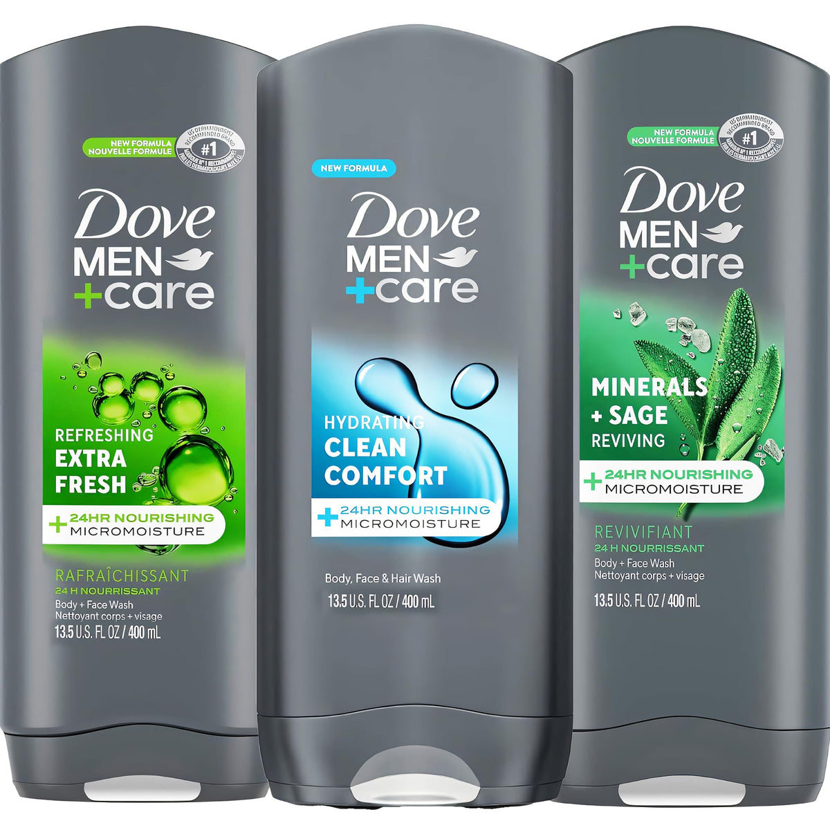 Dove Men + Care 3-scent bundle packaging pour shows versatile wash options for refreshed, clean skin.