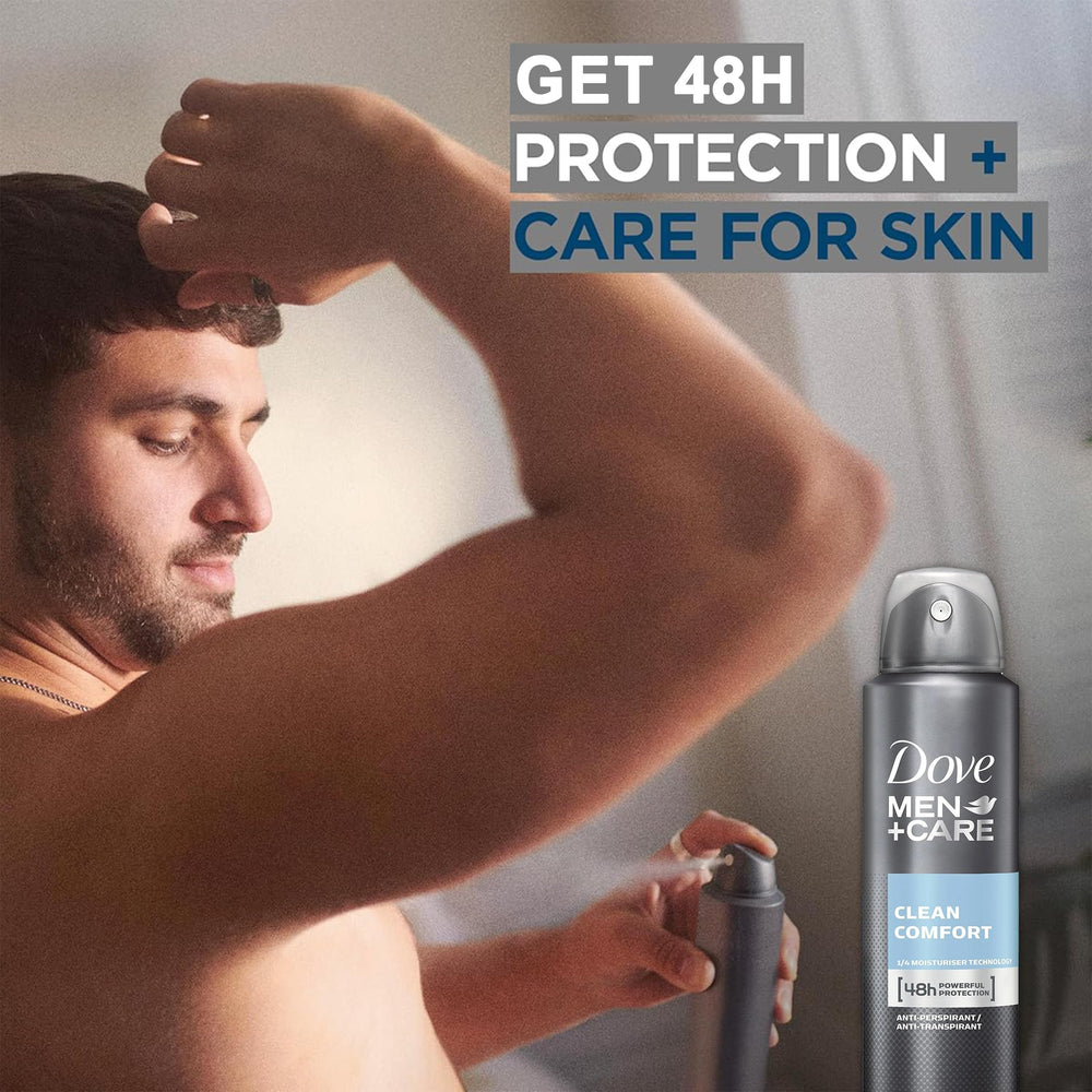 Dove Men+Care 48H protection spray shown for long-lasting sweat resistance.