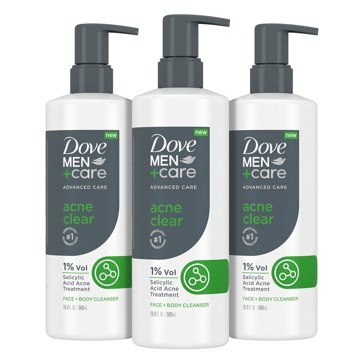 Dove Men+Care Acne Clear bottle label highlights acne-prone skin cleansing.