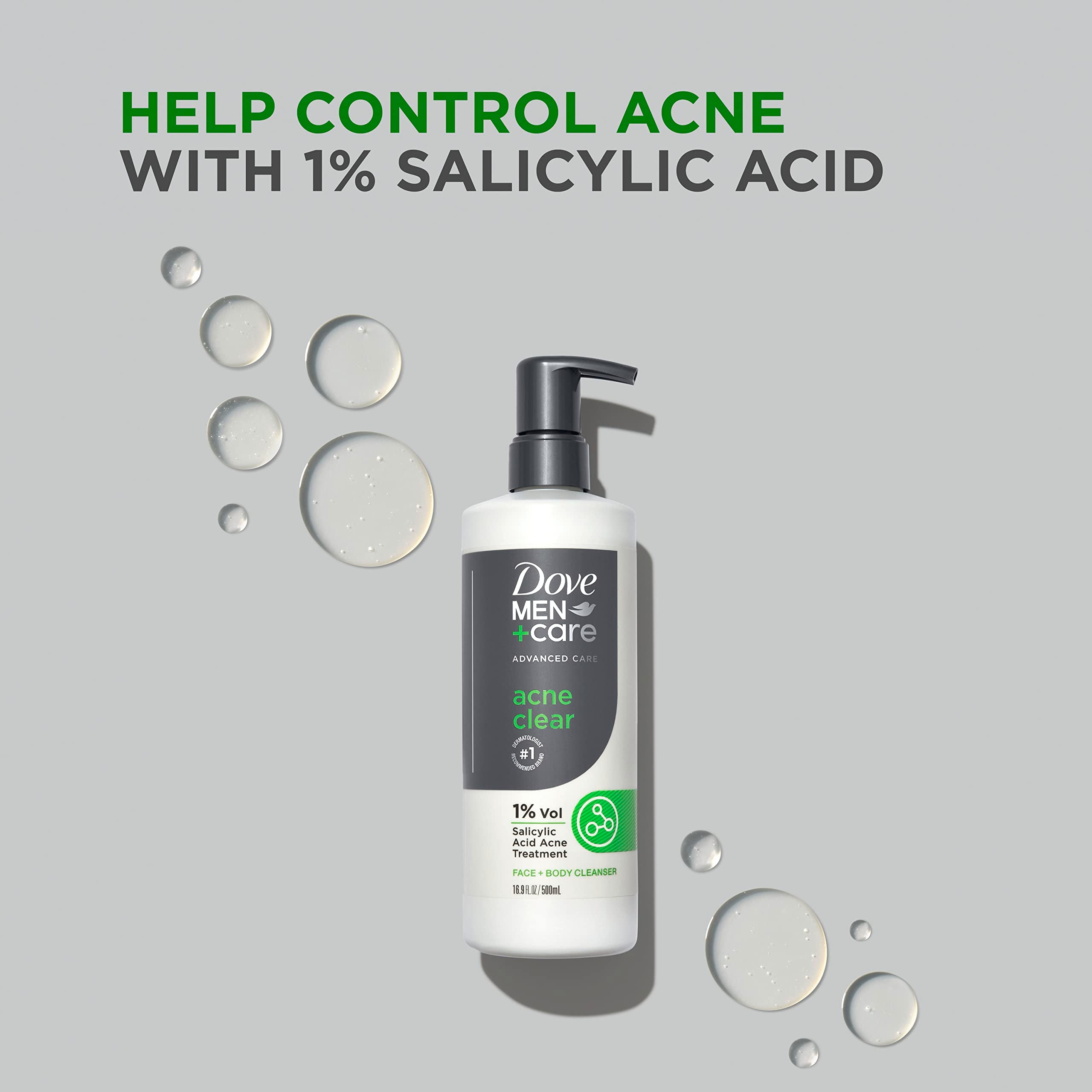 Dove Men+Care Acne Clear face-body-application image conveys full-body cleansing routine.