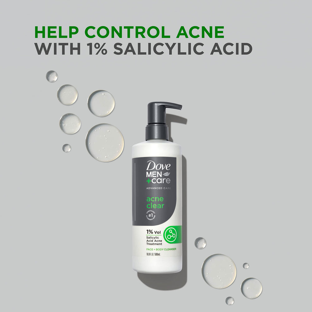 Dove Men+Care Acne Clear face-body-application image conveys full-body cleansing routine.