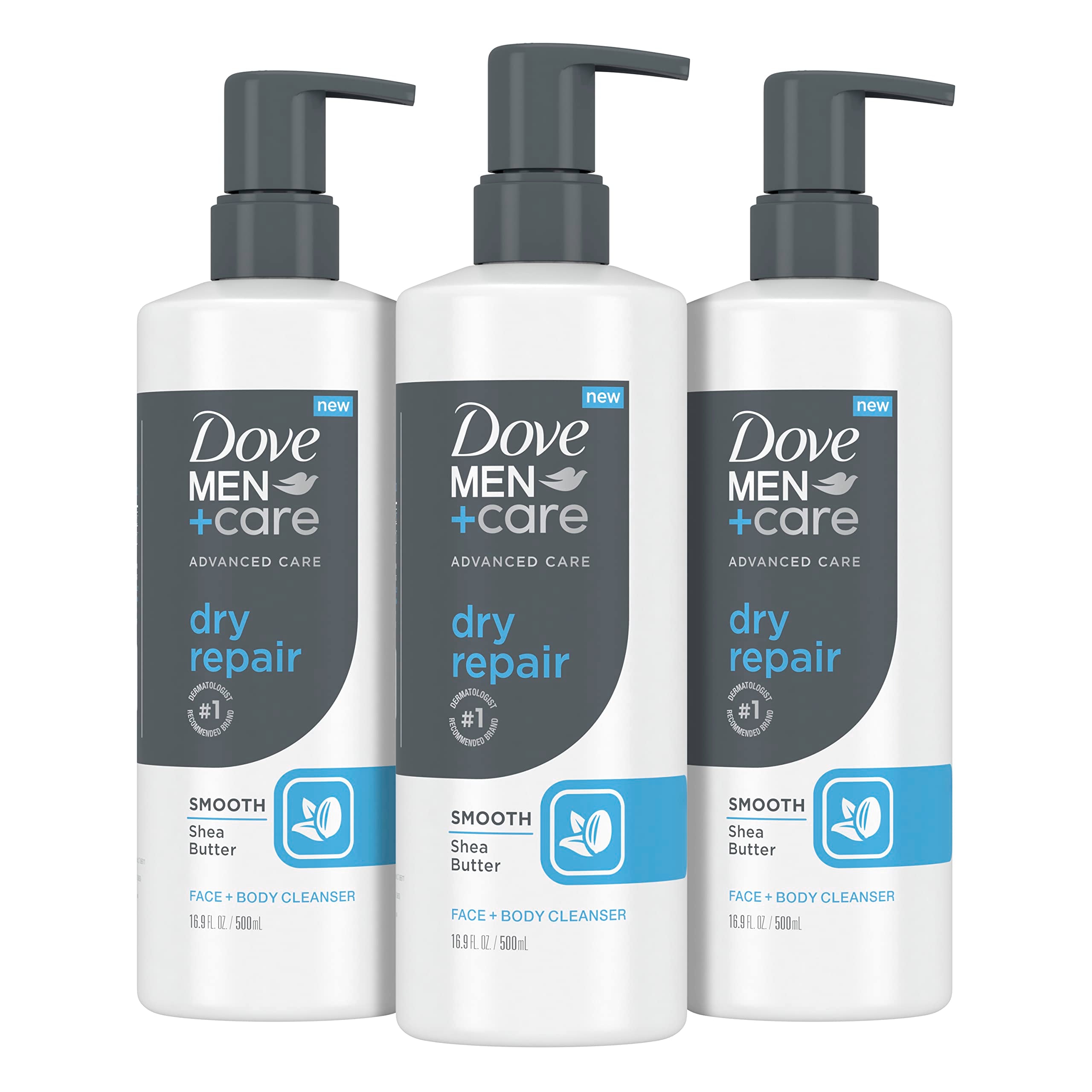 Dove Men+Care Advanced Care Dry Repair bottle shows hydrating cleanse.