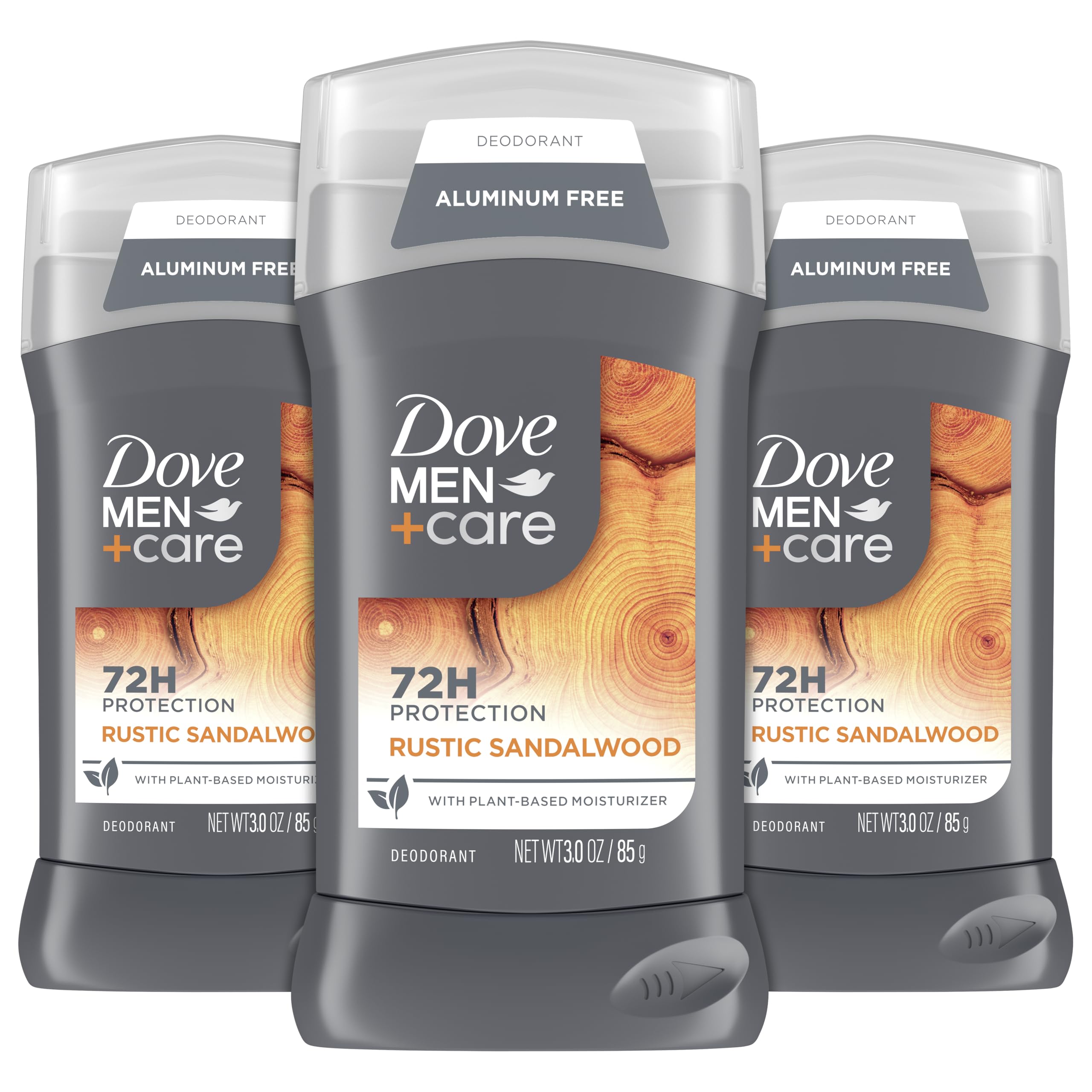 Dove Men+Care aluminum-free 3-pack rustic sandalwood deodorant pack offers long-lasting protection