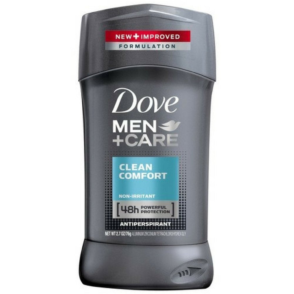 Dove Men+Care antiperspirant stick clean comfort pack shot showing 48-hour protection and skin-nourishing formula