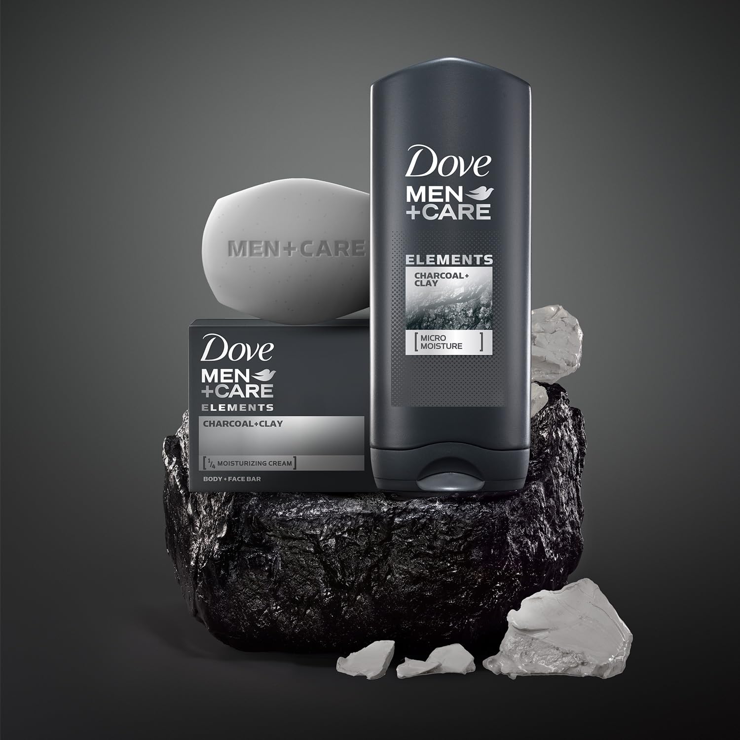 Dove Men+Care Bar dry skin care focus highlights moisturizing cleanse.
