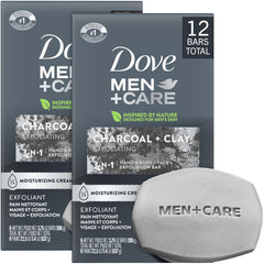 Dove Men+Care Bar packaging highlights exfoliating charcoal for a deep clean.