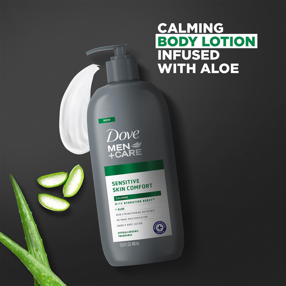 Dove Men+Care calming-lotion pump closeup emphasizing lightweight, non-greasy hydration