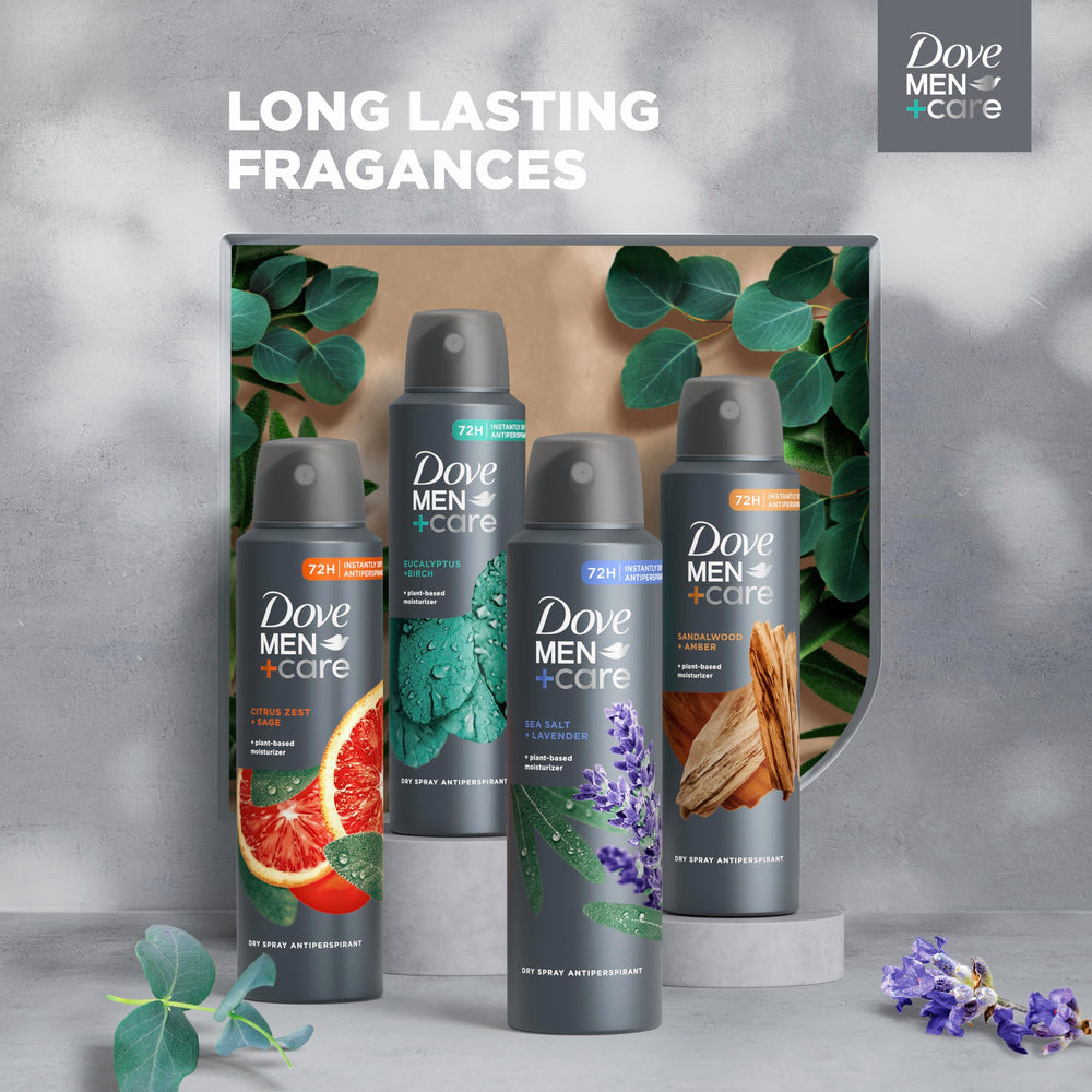 Dove Men+Care Cedarwood Tonka dry spray 4-count pack showing value for daily use.